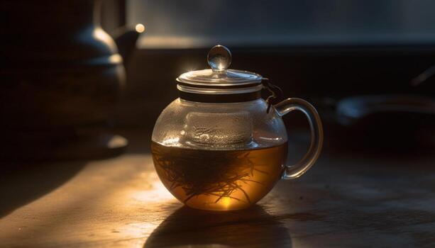 caliente té en vaso jarra, antiguo pasado de moda refresco generado por ai foto