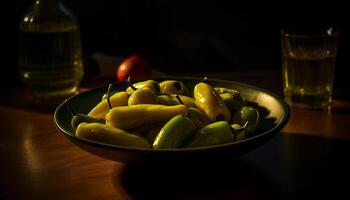 Fresh organic vegetarian salad on wooden table generated by AI photo