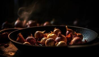 Fresh seafood bowl with organic garlic and spice generated by AI photo