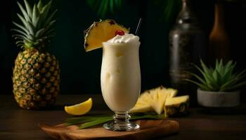 Fresh pineapple pina colada on wooden bar generated by AI photo