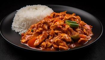 Savory pork stew with steamed rice bowl generated by AI photo