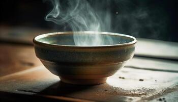 Earthenware bowl on wood table, cooking over flame generated by AI photo