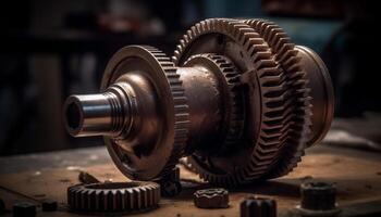 Interlocked gears spinning with rusty precision generated by AI photo