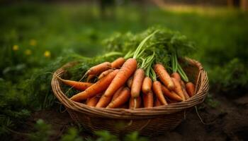 sano cosecha de orgánico vegetales en rústico cesta generado por ai foto