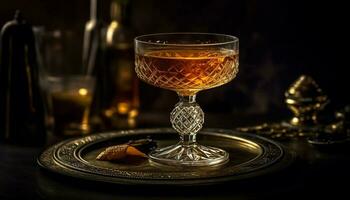 Luxury whiskey table, gold reflection, old fashioned elegance generated by AI photo