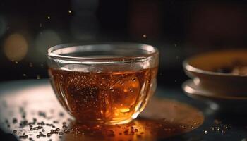 Whiskey glass on table in dark pub generated by AI photo