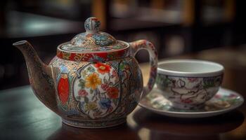 Antique teapot, ornate decoration, Chinese culture elegance generated by AI photo