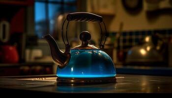 Shiny teapot on stove, heating for tea generated by AI photo