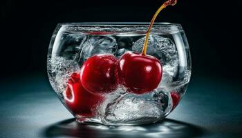 Juicy berry fruit in transparent drinking glass generated by AI photo