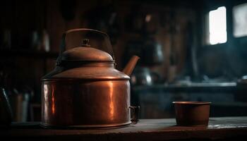 Rustic kitchen with antique equipment and pottery generated by AI photo