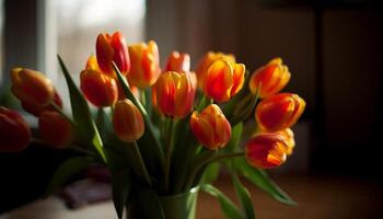 A vibrant bouquet of fresh tulips in bloom generated by AI photo