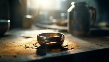 Old fashioned kitchen equipment  metal, wood, and pottery generated by AI photo