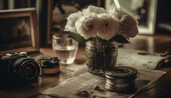 Antique camera captures still life elegance indoors generated by AI photo