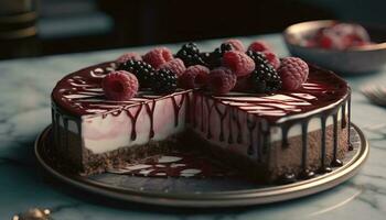 A homemade raspberry cheesecake slice with chocolate generated by AI photo