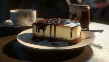 A gourmet chocolate cheesecake slice on a plate generated by AI photo