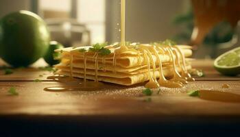 A stack of homemade pancakes with honey generated by AI photo