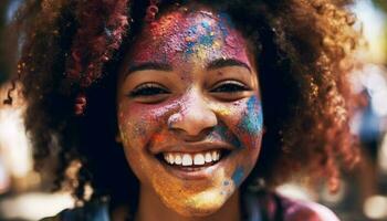 Colorful faces of young women at festival party generated by AI photo