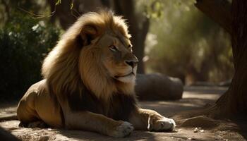 Majestic lioness resting in African savannah, danger lurking generated by AI photo