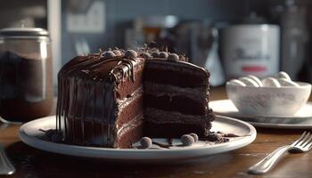 A decadent slice of homemade chocolate cake generated by AI photo