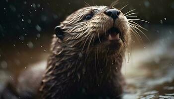 A playful seal looks at camera, wet and cute generated by AI photo