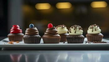 Gourmet chocolate cupcakes with raspberry icing decoration generated by AI photo