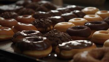 Indulgent homemade donuts stacked on rustic table generated by AI photo