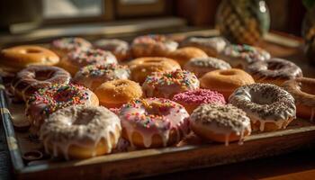 Indulgent chocolate doughnut with strawberry icing stack generated by AI photo