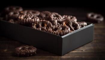 Dark chocolate truffles stacked in rustic container generated by AI photo
