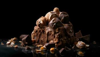 indulgente oscuro chocolate Dulce de azúcar rebanada en plato generado por ai foto