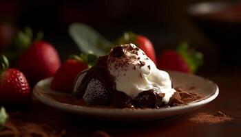 Fresco baya postre, hecho en casa indulgencia en madera mesa generado por ai foto