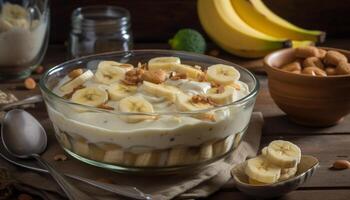 Fresh organic fruit bowl with granola and yogurt generated by AI photo