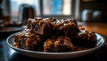 Stack of homemade brownies on rustic table generated by AI photo