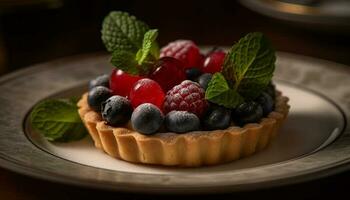 Fresh berry tart with mint leaf decoration generated by AI photo