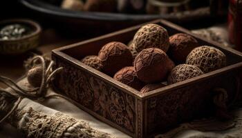 Dark chocolate truffle ball in wooden container generated by AI photo