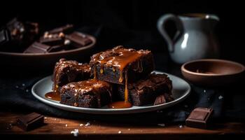 Stack of dark chocolate brownie slices generated by AI photo