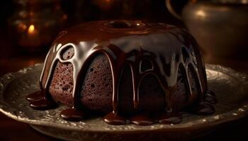Indulgent chocolate cake slice on rustic wooden plate generated by AI photo