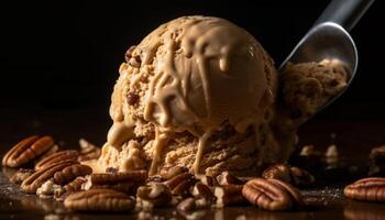 indulgente postre en de madera mesa, Listo a comer generado por ai foto