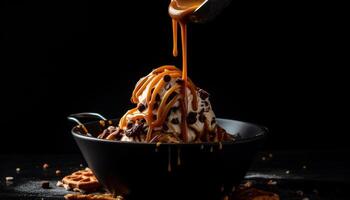 Indulgent chocolate fudge sauce on fresh ice cream generated by AI photo