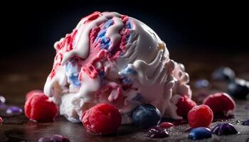 Sweet berry ice cream with chocolate indulgence generated by AI photo