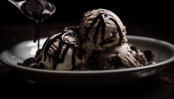 indulgente chocolate postre, derritiendo hielo crema helado con frutas y nueces generado por ai foto