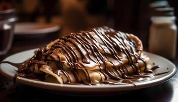 Stack of chocolate pancakes with homemade sauce generated by AI photo