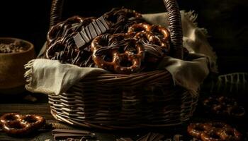 Rustic wicker basket holds indulgent chocolate cookies generated by AI photo
