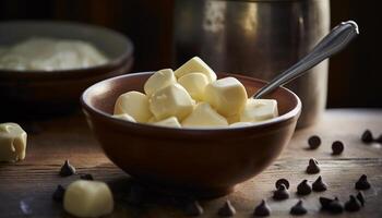 Fresh dairy bowl on rustic wooden table generated by AI photo