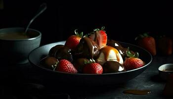 Sweet strawberry dessert on rustic wooden table generated by AI photo