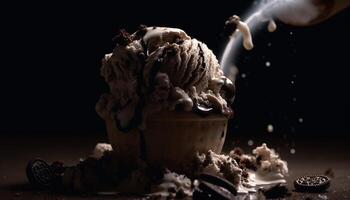 Indulgent dark chocolate ice cream in homemade cone generated by AI photo