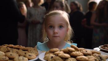 Cute girls enjoying homemade chocolate chip cookies indoors generated by AI photo