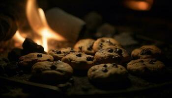 Freshly baked chocolate chip cookies on rustic table generated by AI photo