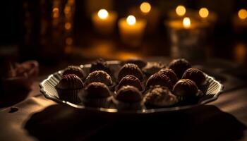 Indulgent homemade chocolate truffles, a sweet gift generated by AI photo