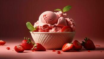 Summer indulgence  gourmet strawberry ice cream bowl generated by AI photo