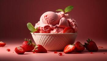 Summer indulgence gourmet strawberry ice cream bowl generated by AI photo